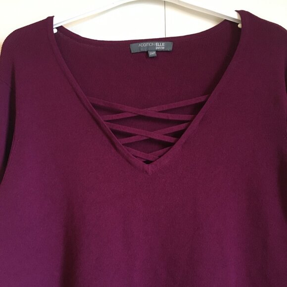 Merlot Red Cross Tie V-Neck Knit Sweater Top - Picture 3 of 14